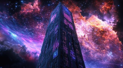 Poster - A supercomputer tower floating in space, with digital signals spreading across the galaxy, controlling time, gravity, and the expansion of the universe.