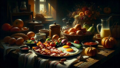 a variety of breakfast foods on a wooden table, illuminated by natural light from a window.