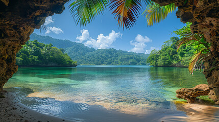 Scenic Tropical Beach Cove with Crystal Clear Waters and Lush Greenery