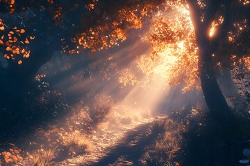 Wall Mural - view Sunbeams Through Autumn Forest