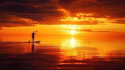 Wall Mural - Silhouette of a person paddleboarding on calm waters at sunset, with the warm hues of the setting sun creating a peaceful, reflective scene