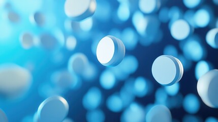 Poster - A futuristic blue gradient background with geometric circles floating in soft light, creating a sense of depth and dimension.