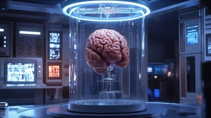 Poster - A futuristic lab where a human brain is suspended in a glass chamber, controlled by a digital interface that monitors and manipulates neural activity.