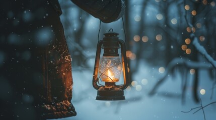 Person holding lantern in snow with forest background