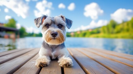 Wall Mural - A small dog sitting on a wooden dock looking out over the water, AI