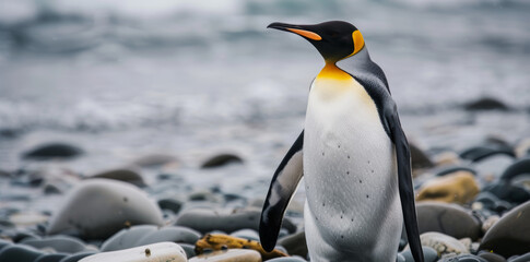 King penguin standing on pebble beach, ocean background.