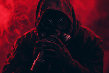 A person wearing a gas mask with a red light, in a horror-style setting with a dark background.