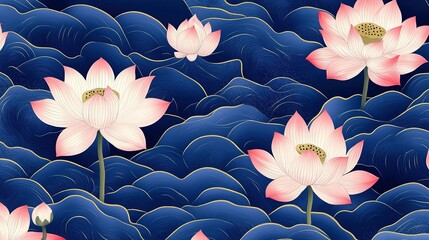 Poster - Pink Lotus Blossoms Floating on Blue Water with Gold Accents