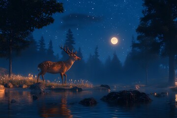 Wall Mural - Deer under the dark moonlight