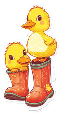 duck duckling boots rain boots cartoon illustration yellow cute baby animal children\'s art wet puddles playful nature cheerful whimsical fun farm animal 