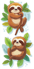 sloth animal cartoon cute illustration nature jungle happy green lazy wildlife hanging leaves character playful sleeping furry tropical design adorable tree relaxed 