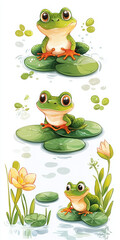 frog lily pad pond nature animal green cute cartoon spring water plant flower happy wildlife amphibian character illustrated aquatic serene environment 