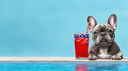 French Bulldog sketched by the pool with a patriotic umbrella, hand-drawn to celebrate summer and national pride, French Bulldog, Patriotic Shade