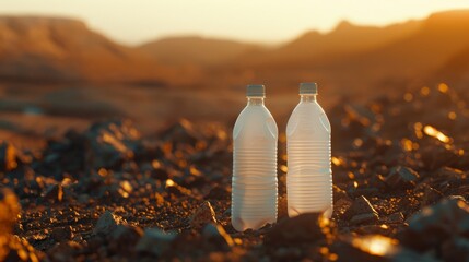 Two water bottles illuminated by the warm sunset light, set against a rugged desert landscape, emphasizing the essence of outdoor adventure and hydration.