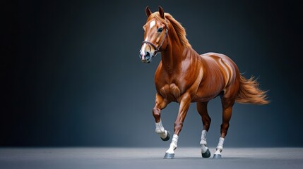 A majestic brown horse gallops gracefully against a dark backdrop, showcasing its strength and elegance in motion.