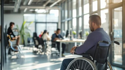 Aufkleber - Businessman in a wheelchair working in a modern office with colleagues in the background. Workplace inclusion and professional accessibility.