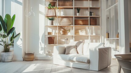 Wall Mural - A bright, airy living space with white furniture, potted plants, and sunlight streaming through large windows.