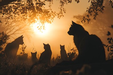 Poster - Silhouettes of Cats animal at sunset