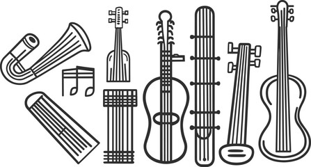 Wall Mural - Adobe IllustraDoodle set of Mariachian musical instruments. Vector black outline drawings