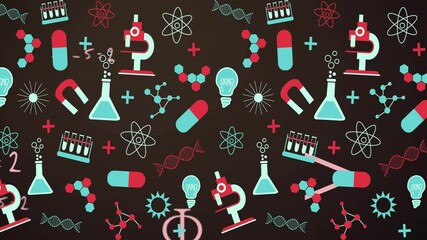 Poster - Animation of chemical icons and mathematical equations over black background