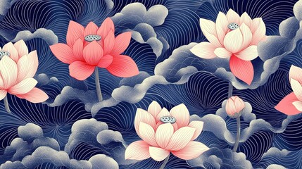 Poster - Pink and White Lotus Flowers on a Blue Swirling Background