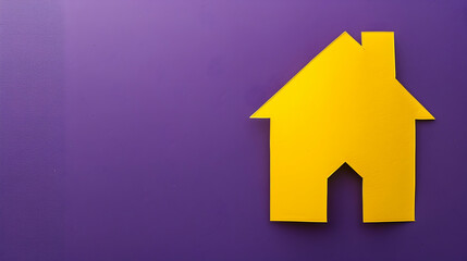 Poster - Yellow paper cut out house shape isolated on purple paper background.