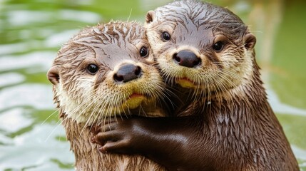 Wall Mural - Two otters hugging each other in the water with their eyes closed, AI