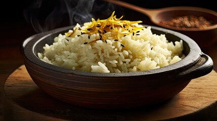 A close-up shot of steaming jasmine rice in a traditional bowl, with grains perfectly separated and a slight sheen, paired with a fragrant curry sauce.