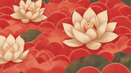 Canvas Print - White Lotus Flowers on Red and Gold Abstract Background