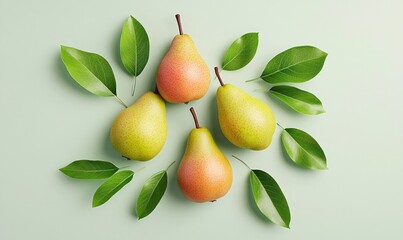 Wall Mural - Fresh, ripe pears arranged in a circular pattern with green leaves on a light green background, showcasing a vibrant and natural look.