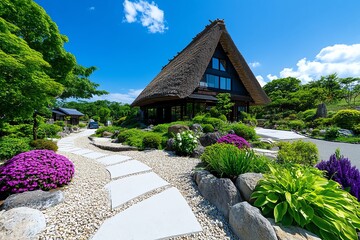 japanese farm, thatched-roof farmhouse, rustic and charming stands as a symbol of history and cultur