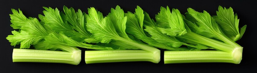 Fresh green celery stalks arranged on a dark background. Ideal for health, diet, and organic food concepts in a stock photo.