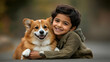© Siasart - A joyful child embraces a smiling corgi, showcasing a moment of friendship and happiness.