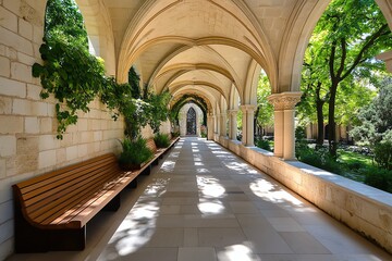 medieval abbey, cloisters with arched ceilings, peaceful and serene invites reflection and devotion 