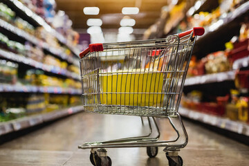 view of shopping cart in supermarket aisle