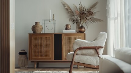 A mid-century modern living room with wooden furniture, soft lighting, and meticulously arranged decor that exudes warmth and style.