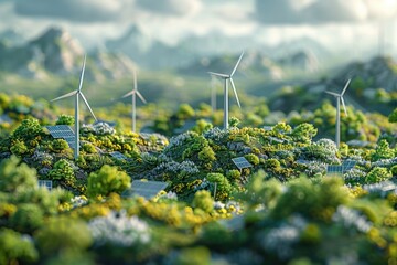 Renewable energy landscape with wind turbines and solar panels amidst vibrant greenery and flowers in a serene mountain setting