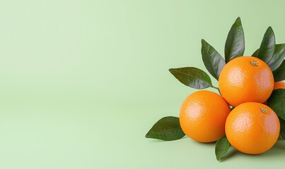 Poster - Fresh oranges with green leaves against a light green background. Perfect for showcasing healthy eating, citrus fruits, and natural produce.