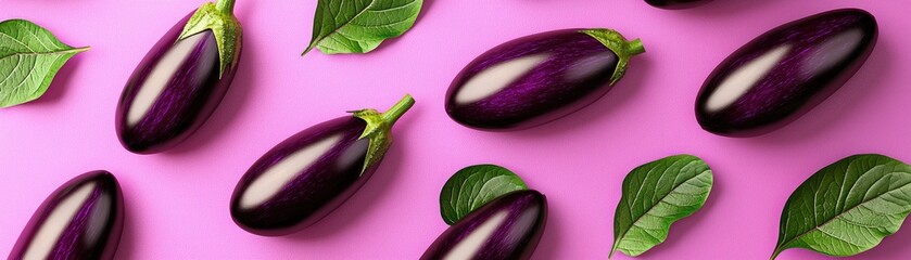 Wall Mural - Fresh purple eggplants and green leaves arranged on a vibrant pink background, creating a colorful and healthy food concept.