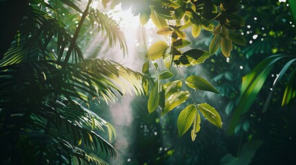 Poster - Sunlight filters through vibrant green leaves in a tropical rainforest, creating a serene and enchanting natural oasis.