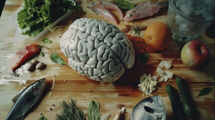 Wall Mural - A brain model is showcased among an assortment of fresh foods, including fish, fruits, and leafy greens, symbolizing the connection between diet and brain wellness.