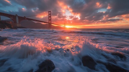 Canvas Print - Golden Gate Bridge Sunset with Crashing Waves