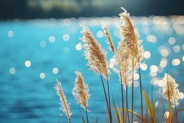 schilf am see mit funkelndem bokeh – natürliche schönheit am wasser