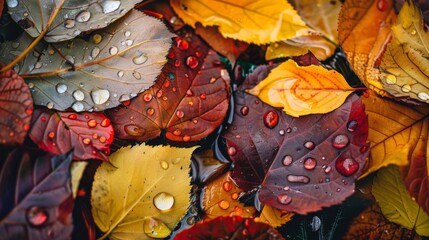 Wall Mural - An artful display of autumn leaves in various hues covered in glistening raindrops, capturing the essence of the season’s beauty and freshness.