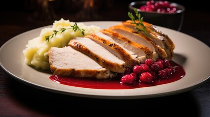 Wall Mural - A close-up of a succulent slice of turkey breast, showcasing its tender texture and juicy interior, served with a side of cranberry sauce and mashed potatoes