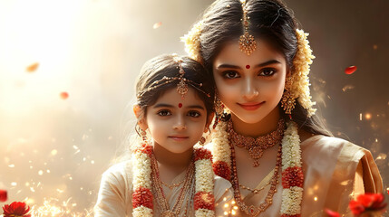 A joyful portrait of a woman and child adorned in traditional attire with floral decorations.