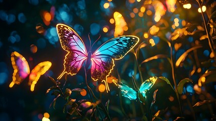 Canvas Print - Glowing Neon Butterflies Fluttering in a Magical Dark Garden at Enchanting Glowtime