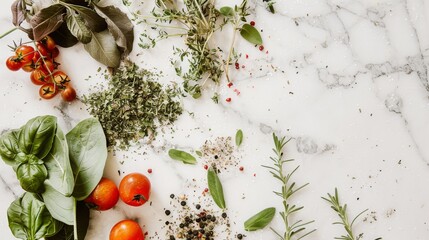 Canvas Print - A scattered assortment of fresh herbs and ripe tomatoes beautifully arranged on a white marble surface, inspiring culinary creativity.