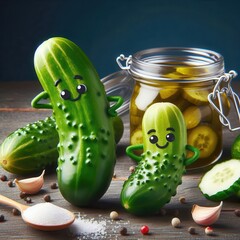 Wall Mural - Playful cucumbers with smiles, alongside a jar of pickles, evoke freshness and fun in culinary scenes. Perfect for food-related content and playful branding.