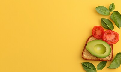 Wall Mural - Healthy toast with avocado and tomato slices on a vibrant yellow background. Fresh basil leaves scattered around. Minimalistic food concept.